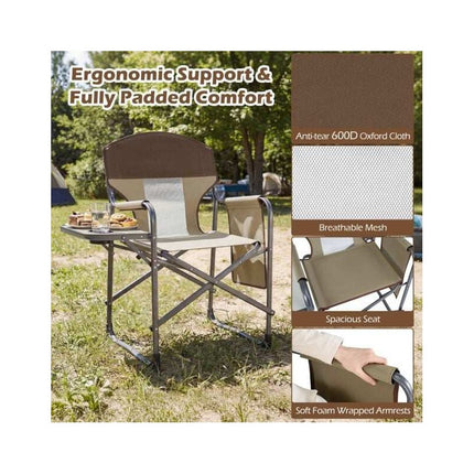 Folding Director's Chair with Side Table and Cup Holder, Brown-Grey, 180 kg