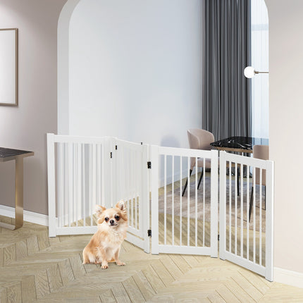 Folding Dog Gate, 4-Panel Pine Wood, Walk-Through Door, White