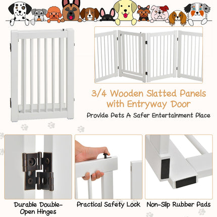 Folding Dog Gate, 4-Panel Pine Wood, Walk-Through Door, White