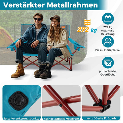 Folding Double Camping Chair, Adjustable Armrests, Navy