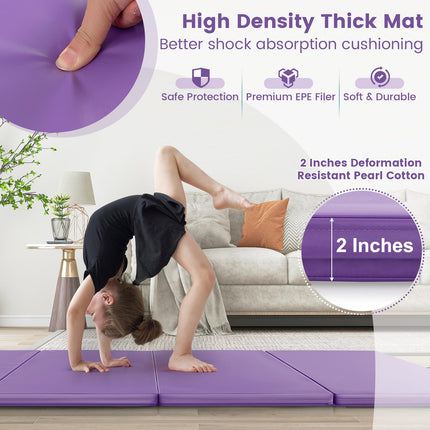 Folding Exercise Mat, 4-Panel PU Leather, Handles, Purple
