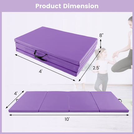 Folding Exercise Mat, 4-Panel PU Leather, Handles, Purple
