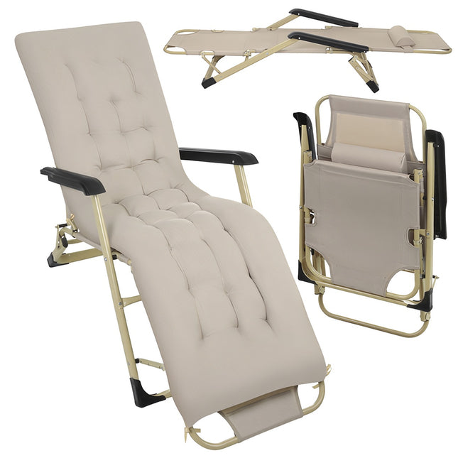 Folding Garden Lounger with Cushion, 3-Position, Beige