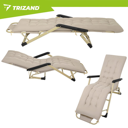 Folding Garden Lounger with Cushion, 3-Position, Beige