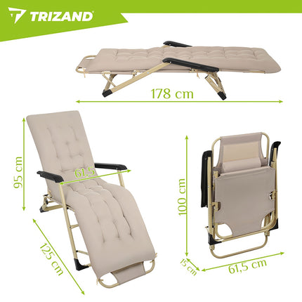 Folding Garden Lounger with Cushion, 3-Position, Beige
