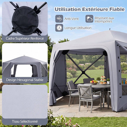 Folding Hexagonal Gazebo with Mosquito Nets and Curtains