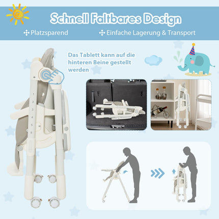 Folding High Chair, 6-Level Height, Recline, 360 Wheels