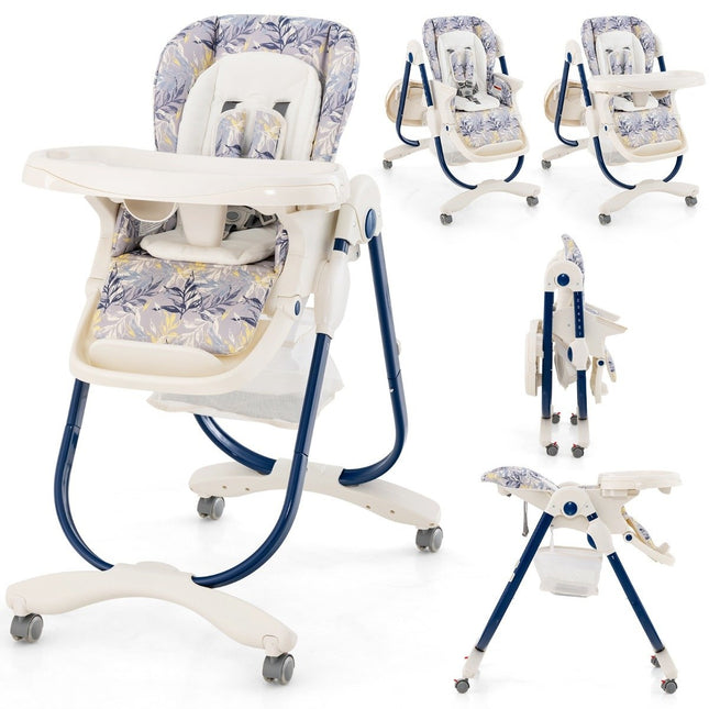 Folding High Chair with Wheels & Adjustable Height & Footrest & Backrest Baby Seat Navy Blue