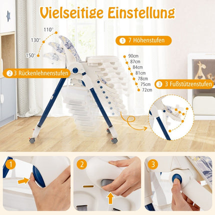 Folding High Chair with Wheels & Adjustable Height & Footrest & Backrest Baby Seat Navy Blue