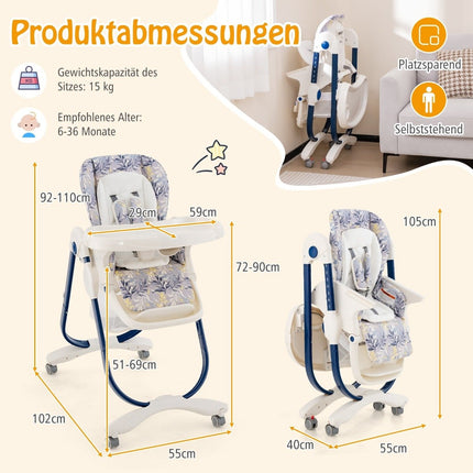 Folding High Chair with Wheels & Adjustable Height & Footrest & Backrest Baby Seat Navy Blue