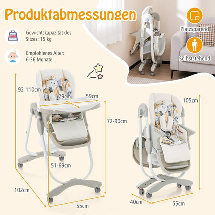 Folding High Chair with Wheels & Adjustable Height & Footrest & Backrest Baby Seat White