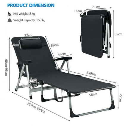 Folding Outdoor Chaise Lounger – Pillow, Cup Holder, Black