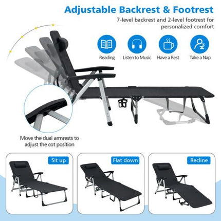 Folding Outdoor Chaise Lounger – Pillow, Cup Holder, Black