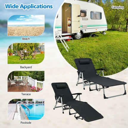 Folding Outdoor Chaise Lounger – Pillow, Cup Holder, Black