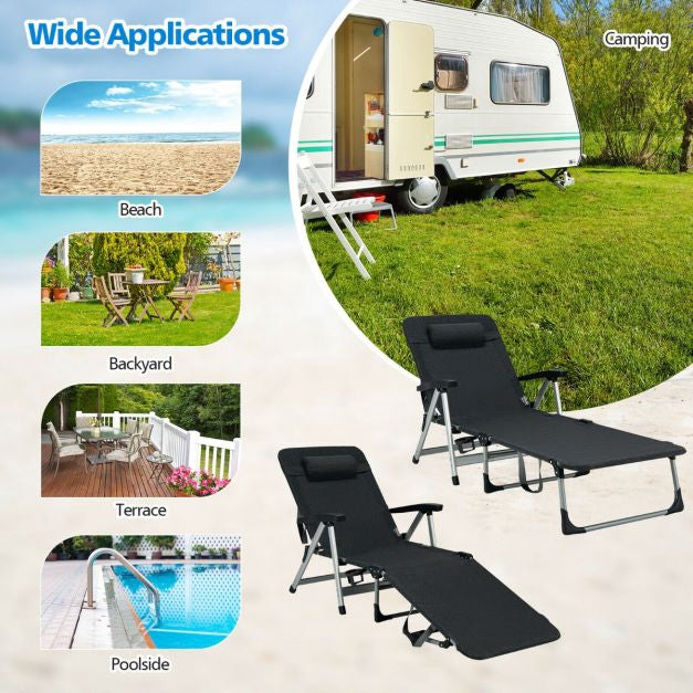 Folding Outdoor Chaise Lounger – Pillow, Cup Holder, Black