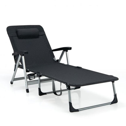 Folding Outdoor Chaise Lounger – Pillow, Cup Holder, Black
