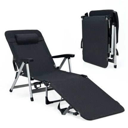 Folding Outdoor Chaise Lounger – Pillow, Cup Holder, Black
