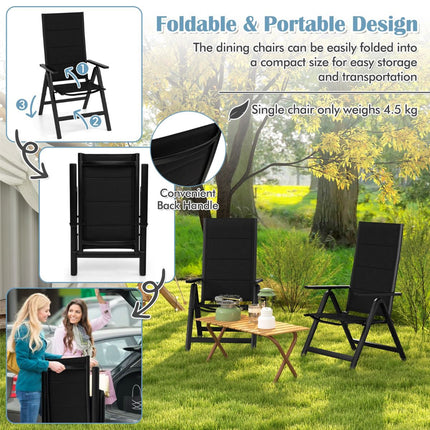 Folding Outdoor Dining Chair, Padded Seat, 7-Position Back, Black