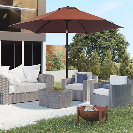 Brown foldable parasol with hand crank, aluminum frame