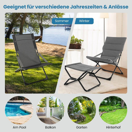 Folding Patio Chair with Ottoman & Removable Cushion Outdoor Lounger Gray