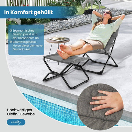 Folding Patio Chair with Ottoman & Removable Cushion Outdoor Lounger Gray