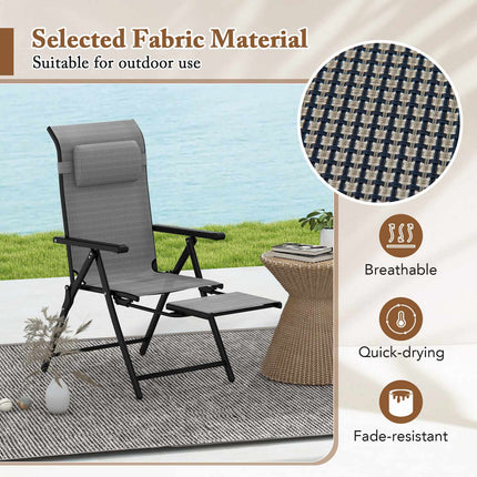 Folding Patio Lounge Chairs, Set of 2, Adjustable Footrest, Grey