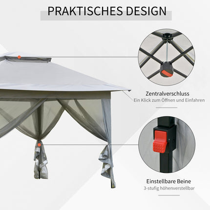 Gray pop-up garden pavilion tent with roller bag, 3.64x3.64m