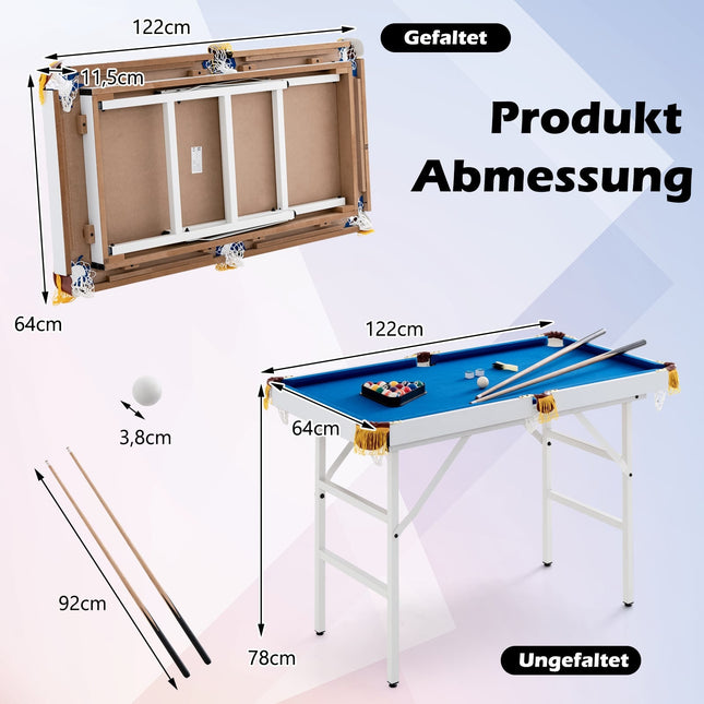 Opklapbare pooltafel met keu, ballen, krijt en borstel.