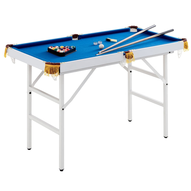Opklapbare pooltafel met keu, ballen, krijt en borstel.