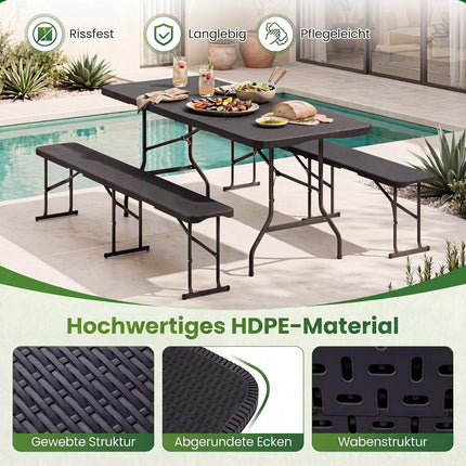 Folding Rattan-Look Garden Table, HDPE Top, Black