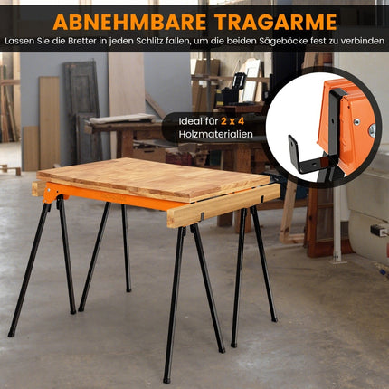 Folding Sawhorse Set, Metal Frame, 600kg Capacity, Orange