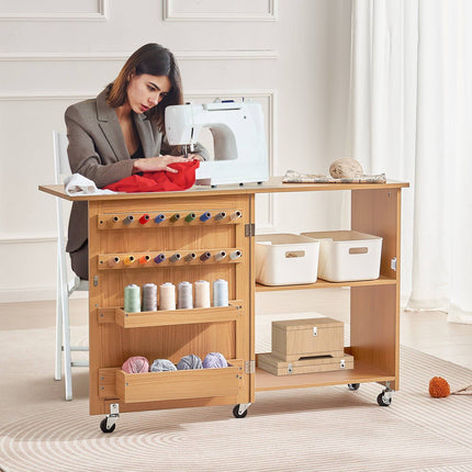 Folding Sewing Table Cabinet, 88.2 lb Capacity, 5 Wheels, Wood Color