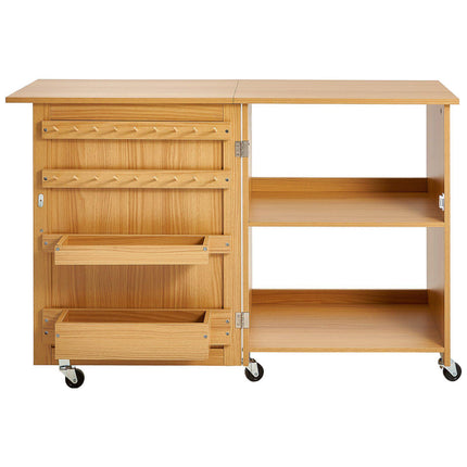 Folding Sewing Table Cabinet, 88.2 lb Capacity, 5 Wheels, Wood Color