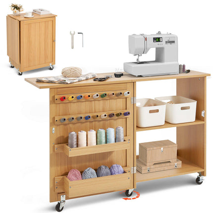 Folding Sewing Table Cabinet, 88.2 lb Capacity, 5 Wheels, Wood Color