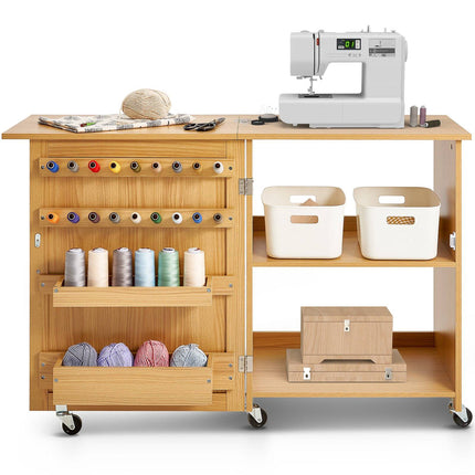 Folding Sewing Table Cabinet, 88.2 lb Capacity, 5 Wheels, Wood Color