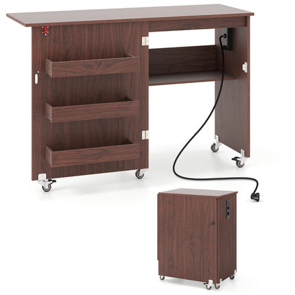 Folding Sewing Table with Charging Station, Storage Cart