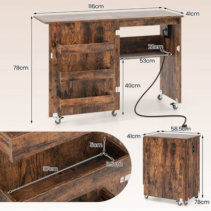 Folding Sewing Table with Charging Station and Storage