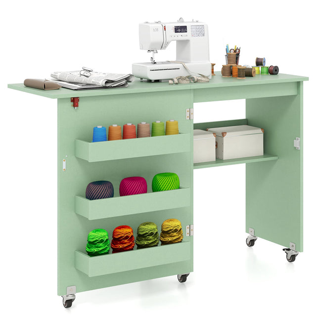 Folding Sewing Table with Storage, Green, 118.5 x 40 x 79.5 cm