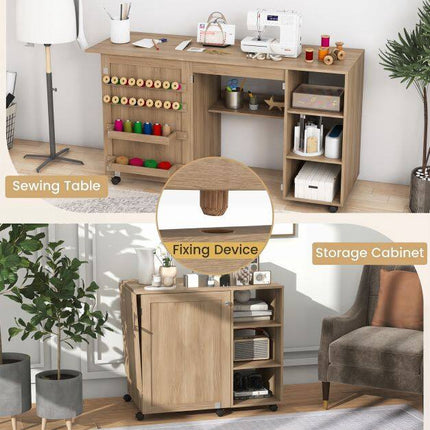 Folding Sewing Table with Storage Shelves, Brown MDF