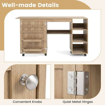 Folding Sewing Table with Storage Shelves, Brown MDF