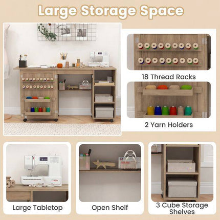 Folding Sewing Table with Storage Shelves, Brown MDF