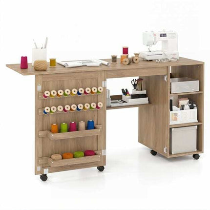 Folding Sewing Table with Storage Shelves, Brown MDF