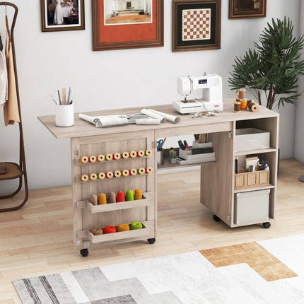 Folding Sewing Table with Storage Shelves and Casters