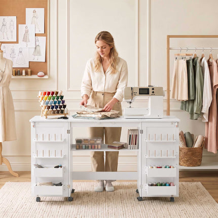 Folding Sewing Table with Storage, White – Magnetic Doors