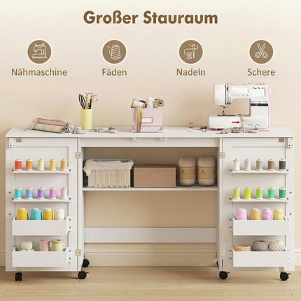 Folding Sewing Table with Storage, White – Magnetic Doors