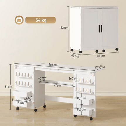 Folding Sewing Table with Storage, White – Magnetic Doors