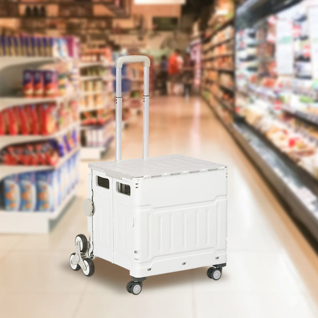 Folding shopping trolley, telescopic handle, stair climbing, 80 kg capacity, white
