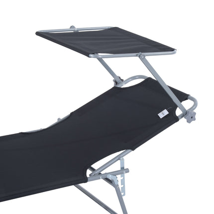 Black folding sun lounger with sun protection, 187x58x36 cm