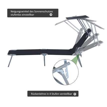 Black folding sun lounger with sun protection, 187x58x36 cm