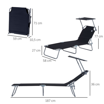 Black folding sun lounger with sun protection, 187x58x36 cm